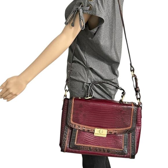 Brahmin Melbourne Leather Red/Black Oxford Flap Satchel - Picture 2 of 15